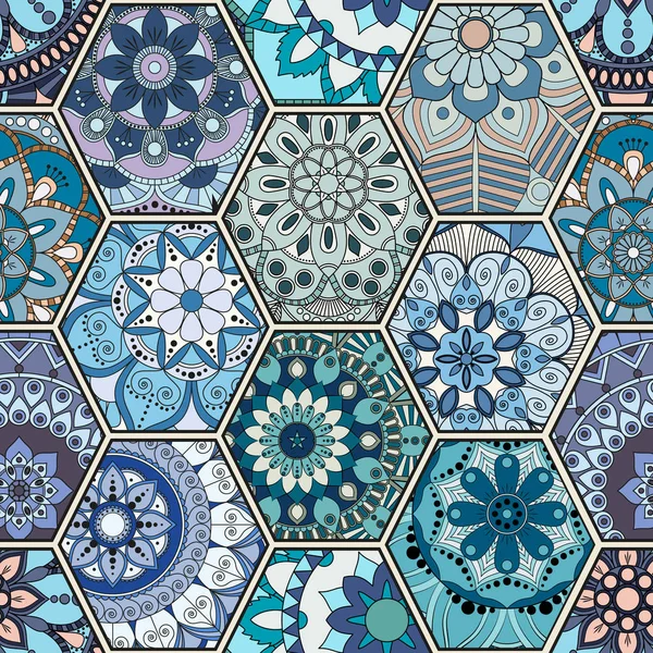 Azulejo oriental de lujo patrón sin costura. Patchwork floral colorido — Vector de stock