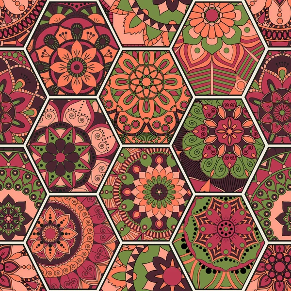 Azulejo oriental de lujo patrón sin costura. Patchwork floral colorido — Vector de stock