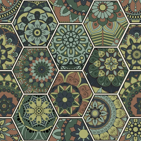 Azulejo oriental de lujo patrón sin costura. Patchwork floral colorido — Vector de stock