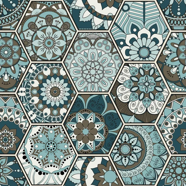 Azulejo oriental de lujo patrón sin costura. Patchwork floral colorido — Vector de stock