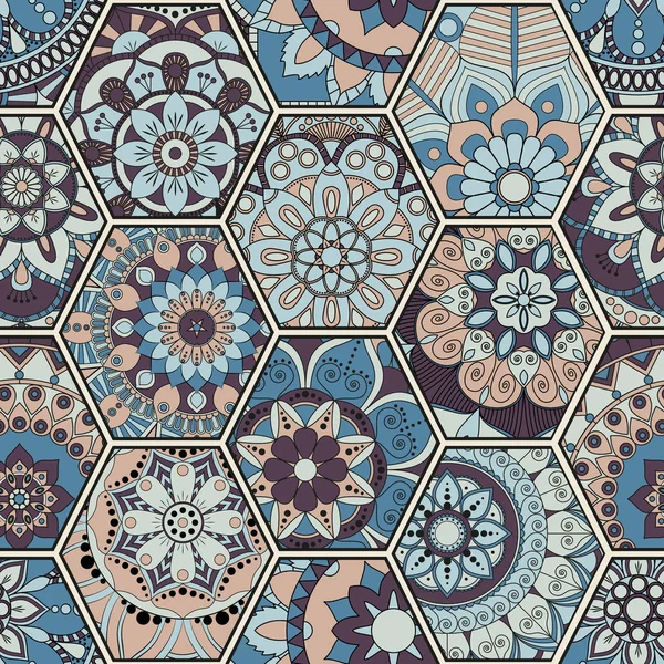 Azulejo oriental de lujo patrón sin costura. Patchwork floral colorido — Vector de stock