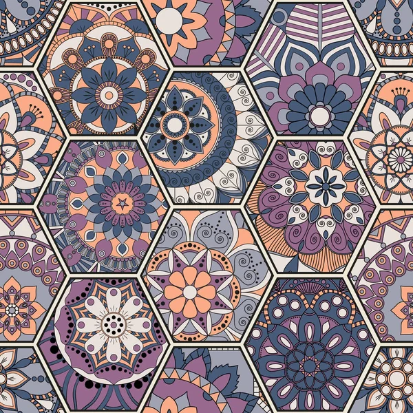 Azulejo oriental de lujo patrón sin costura. Patchwork floral colorido — Vector de stock