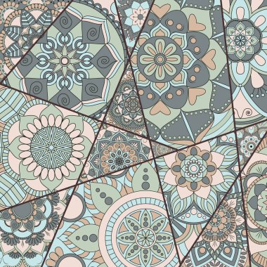 Patchwork desen. Vintage dekoratif öğeler. Elle çizilmiş backg