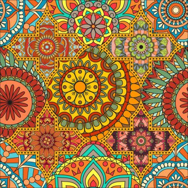 Patchwork desen. Vintage dekoratif öğeler. Elle çizilmiş backg