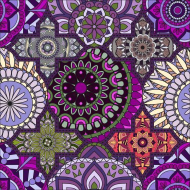 Patchwork desen. Vintage dekoratif öğeler. Elle çizilmiş backg