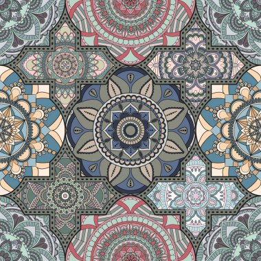 Patchwork desen. Vintage dekoratif öğeler. Elle çizilmiş backg