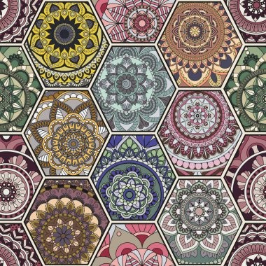 Lüks oryantal kiremit seamless modeli. Renkli çiçek patchwork