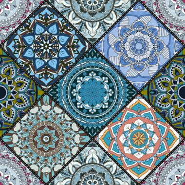 Patchwork desen. Vintage dekoratif öğeler. Elle çizilmiş backg