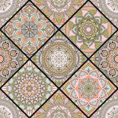 Patchwork desen. Vintage dekoratif öğeler. Elle çizilmiş backg