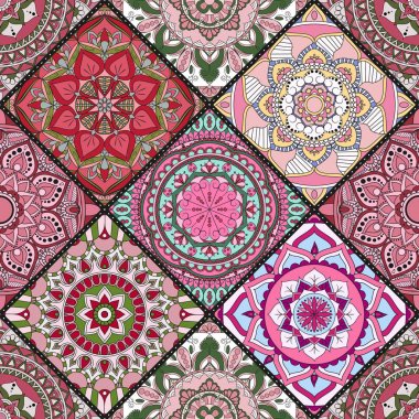 Patchwork desen. Vintage dekoratif öğeler. Elle çizilmiş backg