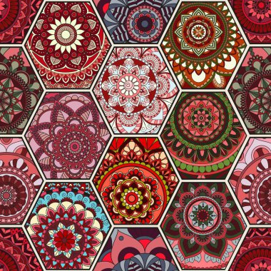 Lüks oryantal kiremit seamless modeli. Renkli çiçek patchwork