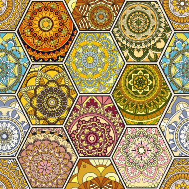 Lüks oryantal kiremit seamless modeli. Renkli çiçek patchwork