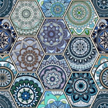 Lüks oryantal kiremit seamless modeli. Renkli çiçek patchwork