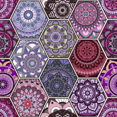 Lüks oryantal kiremit seamless modeli. Renkli çiçek patchwork