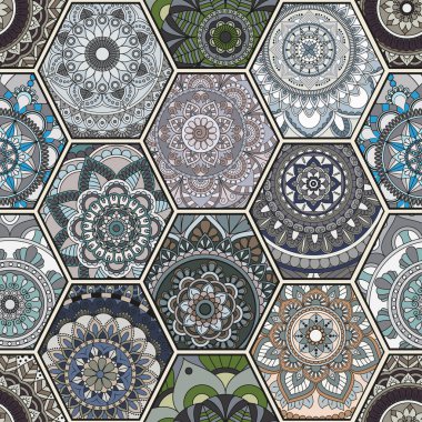 Lüks oryantal kiremit seamless modeli. Renkli çiçek patchwork