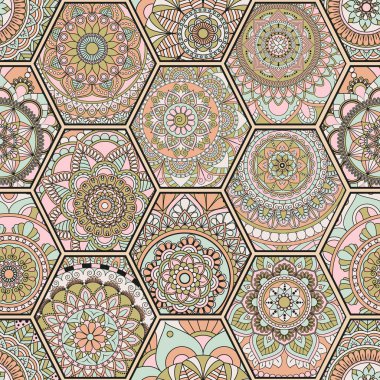 Lüks oryantal kiremit seamless modeli. Renkli çiçek patchwork