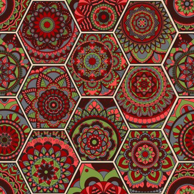 Lüks oryantal kiremit seamless modeli. Renkli çiçek patchwork