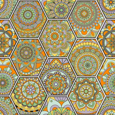 Lüks oryantal kiremit seamless modeli. Renkli çiçek patchwork