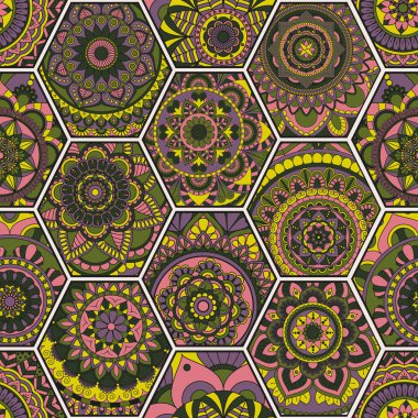 Lüks oryantal kiremit seamless modeli. Renkli çiçek patchwork