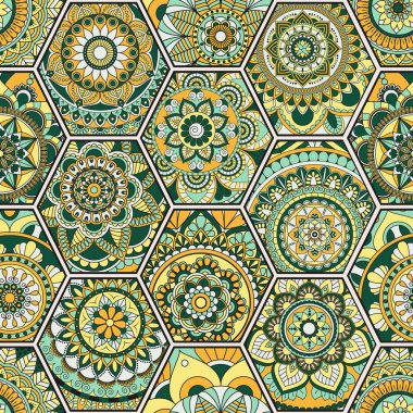 Lüks oryantal kiremit seamless modeli. Renkli çiçek patchwork