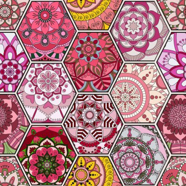 Lüks oryantal kiremit seamless modeli. Renkli çiçek patchwork