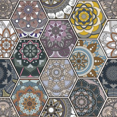 Lüks oryantal kiremit seamless modeli. Renkli çiçek patchwork