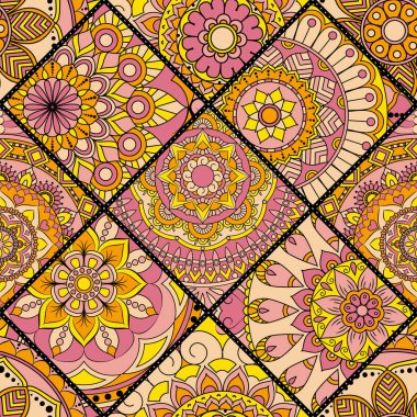 Patchwork desen. Vintage dekoratif öğeler. Elle çizilmiş backg