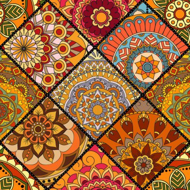 Patchwork desen. Vintage dekoratif öğeler. Elle çizilmiş backg