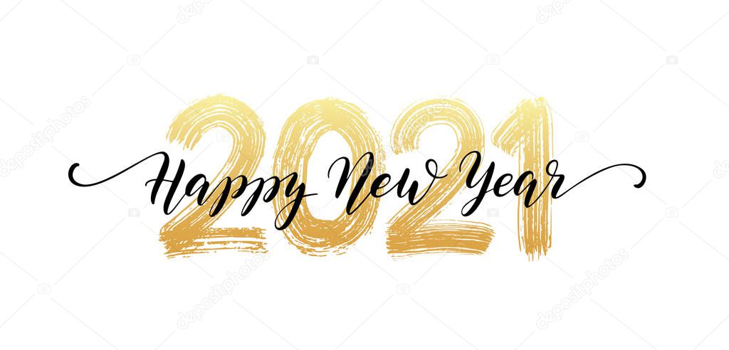2021 number hand lettering. Happy New Year script text. Dry brush texture effect. Merry Christmas. Vector Illustration