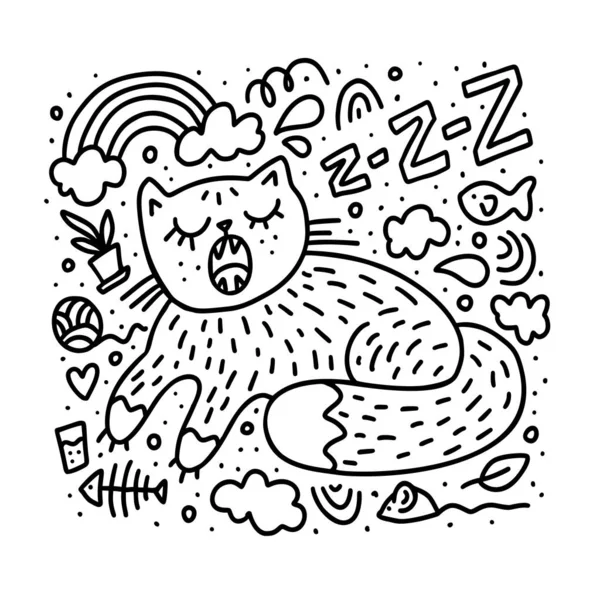 Mignon chat dormir avec ronflement. Sweet Dreams l'entoure. Illustration vectorielle Doodle pour impression — Image vectorielle