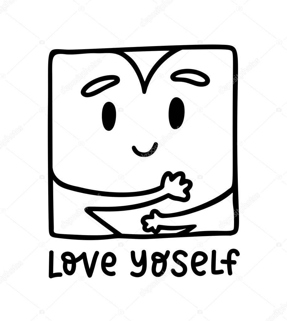 Love yoself. Cute kawaii heart hugging yourself. Love your body concept. Girl Healthcare Skincare. Take time for your self. Vector illustration on white background. Black color doodle