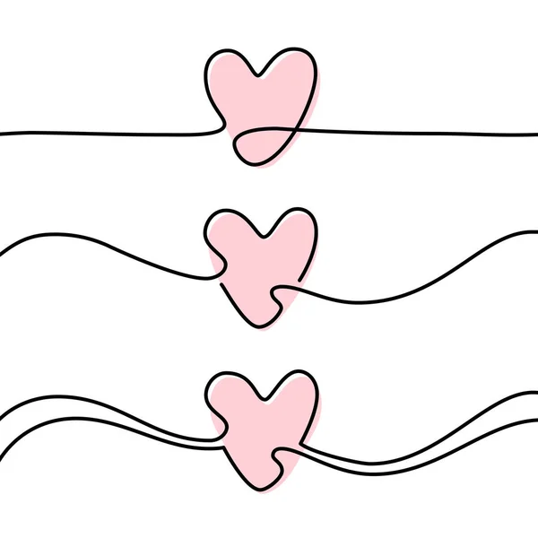 Hjärta vid kontinuerlig linje. Uppsättning av tre konturer hjärtan. Kärlek koncept vektor illustration — Stock vektor