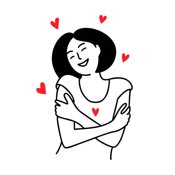 Woman hugging herself with hearts on white background. Love yourself. Love your body concept. Vector illustration. — Stock Vector