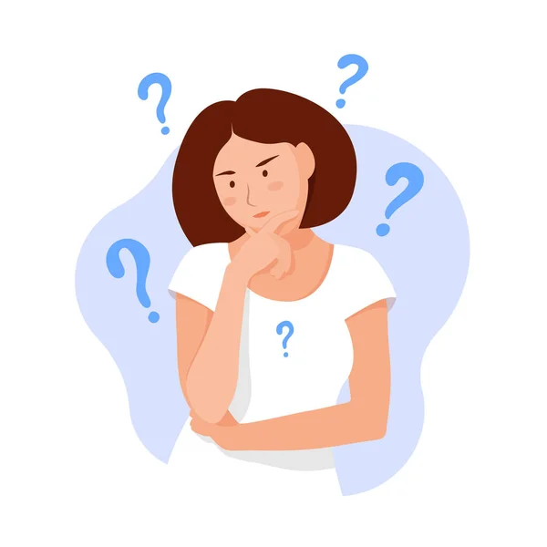 Woman thinks. Question. Thinking girl concept. Girl solves a problem. Cartoon thinking woman with question marks. Vector — Stock Vector