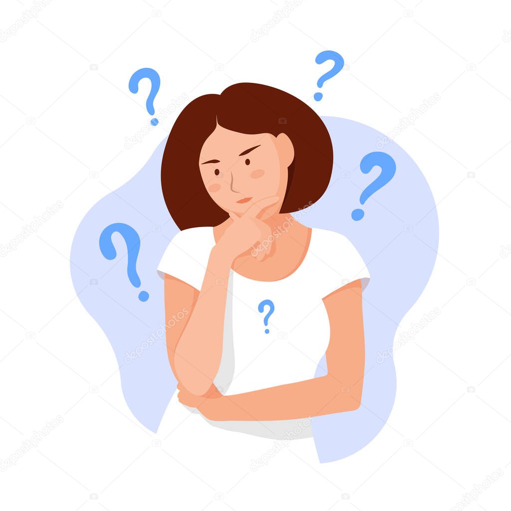 Woman thinks. Question. Thinking girl concept. Girl solves a problem. Cartoon thinking woman with question marks. Vector