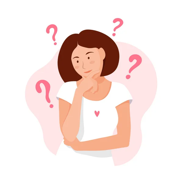 Woman thinks. Question. Thinking girl concept. Girl solves a problem. Cartoon thinking woman with question marks. Vector — Stock Vector