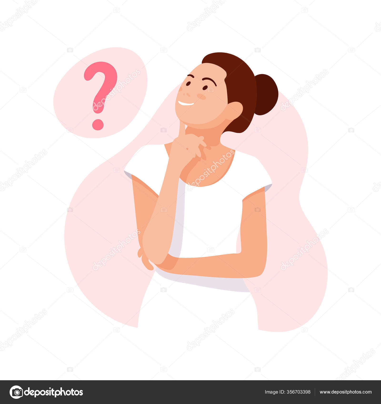 Kvinnen tenker. Spørsmål. Tenkende jenteopplegg. Jenta løser et problem.  Karikaturtenkende kvinne med spørsmålstegn. Vektor stockvektor © barrirret  #356703398, image size:1600x1700