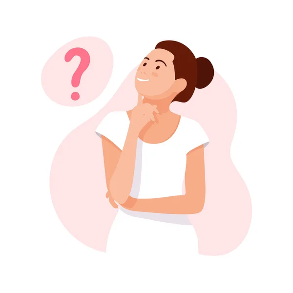 Woman thinks. Question. Thinking girl concept. Girl solves a problem. Cartoon thinking woman with question marks. Vector — Stock Vector