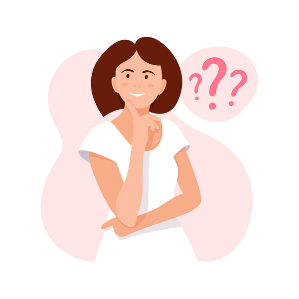 Woman thinks. Question. Girl thinking concept. Girl solves a problem. Cartoon thinking woman with question marks. Vector — Stock Vector