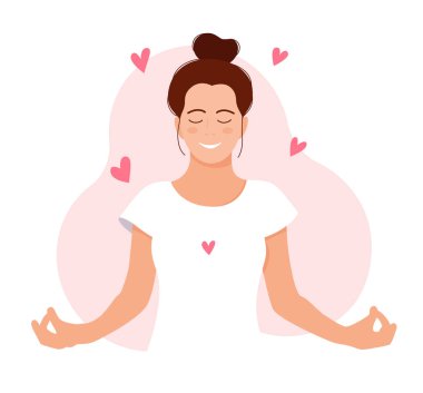 Kız meditasyon yapıyor. Rahat ol. Akıl sağlığı konsepti. Meditasyon. Kendinle iç uyum. Kendine zaman ayır..