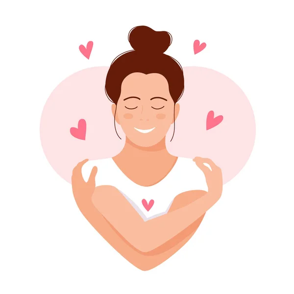 Mujer abrazándose con corazones sobre fondo blanco. Ama tú mismo. Me encanta tu concepto corporal. Ilustración vectorial . — Archivo Imágenes Vectoriales