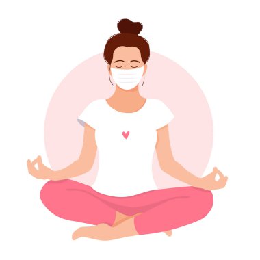 Coronavirus konsepti. Kız meditasyon yapıyor. Kendini sev. Sakin olun. Evde kal. Yüz maskeli meditasyon kızı..