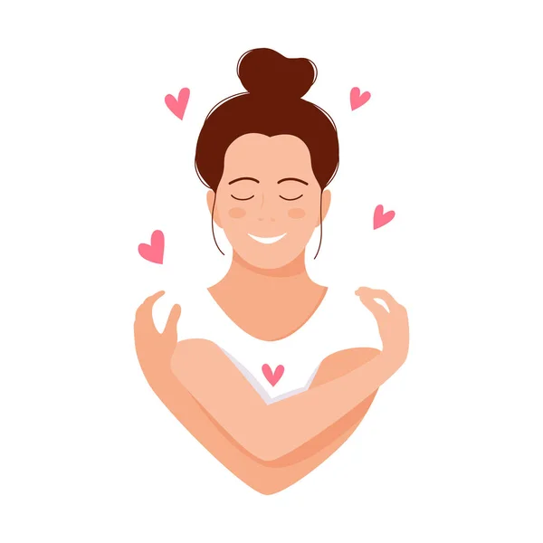 Mujer abrazándose con corazones sobre fondo blanco. Ama tú mismo. Me encanta tu concepto corporal. Ilustración vectorial . — Vector de stock