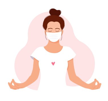 Coronavirus konsepti. Kız meditasyon yapıyor. Kendini sev. Sakin olun. Evde kal. Yüz maskeli meditasyon kızı..
