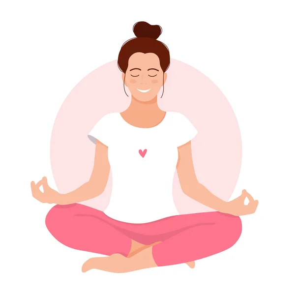 A rapariga medita. Relaxa. Conceito de saúde mental. Meditação. Harmonia interior consigo mesmo. Tire um tempo para si mesmo . —  Vetores de Stock