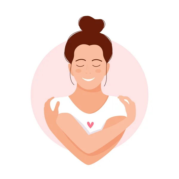 Een vrouw die zichzelf omhelst met harten op een witte achtergrond. Hou van jezelf. Ik hou van je lichaamsconcept. Vectorillustratie. — Stockvector