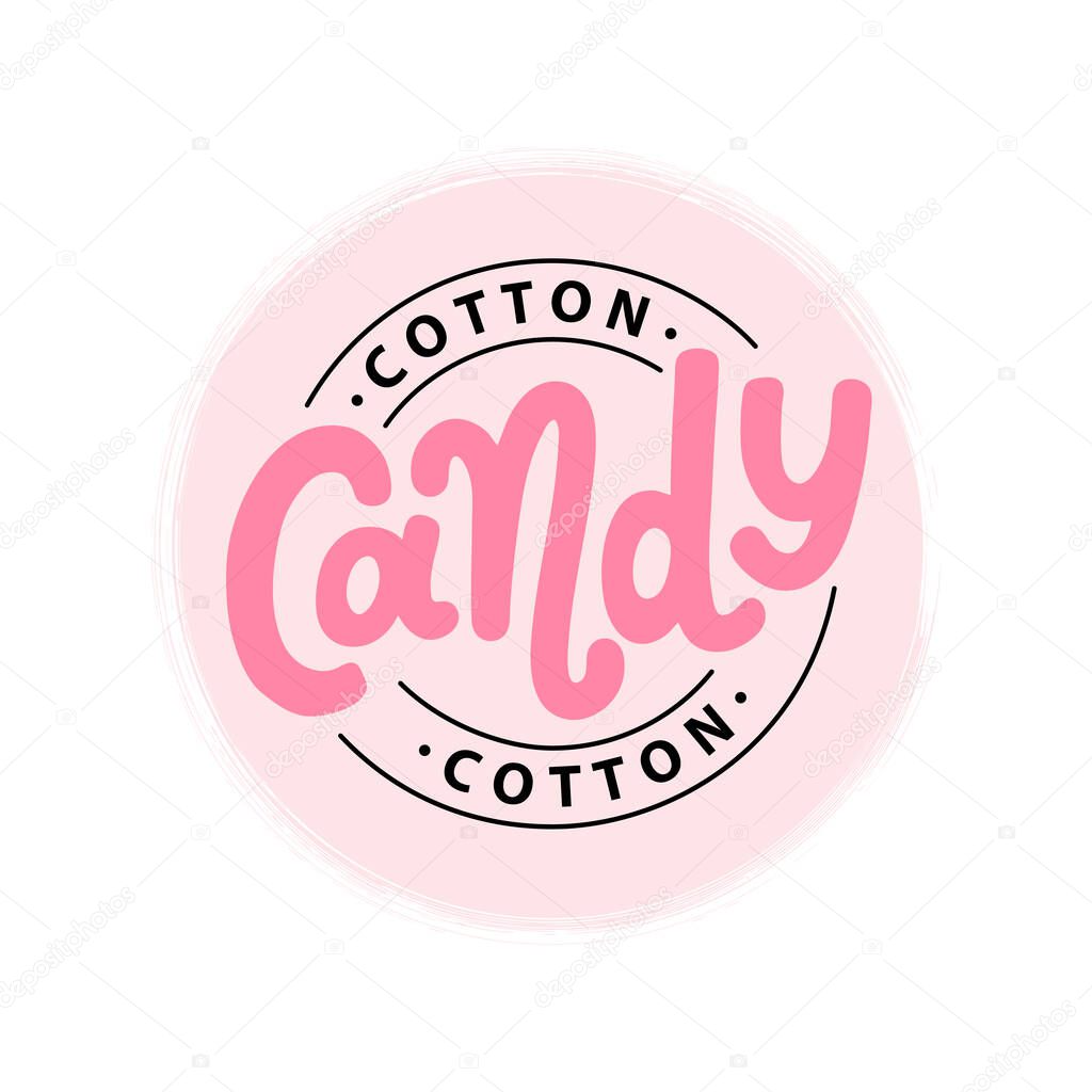 COTTON CANDY logo. Text lettering for sweet cotton candy dessert on stick for kids. Hand drawn vector illustration for your design. Print poster, flyers, stickers, tee, shirt. Pink color.