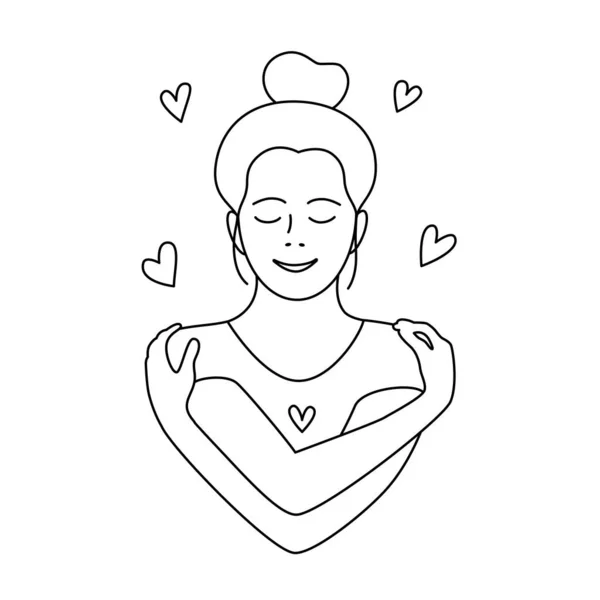 Woman hugging herself with hearts on white background. Love yourself. Love your body concept. Vector illustration. — Stock Vector