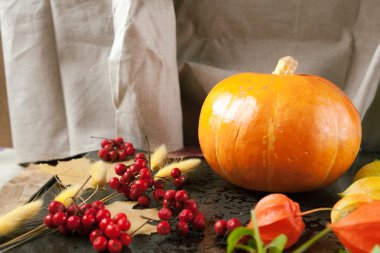 Turuncu kabak ile sarı sonbahar yaprakları, çiçekleri ve meyveleri.