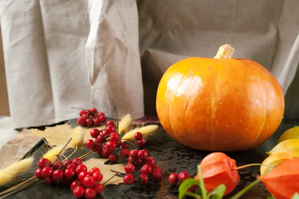 Turuncu kabak ile sarı sonbahar yaprakları, çiçekleri ve meyveleri.